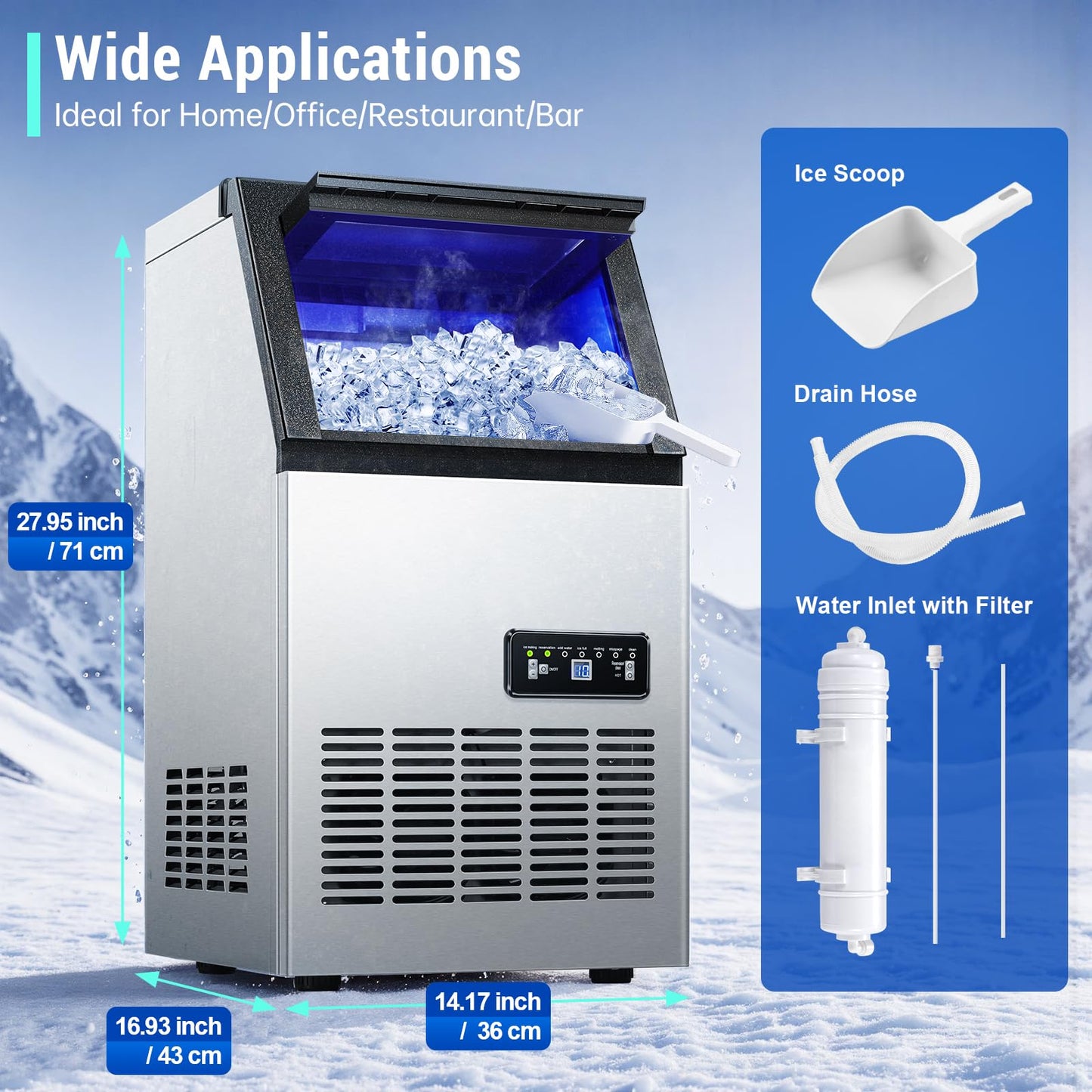 Amzgachfktch Commercial Ice Maker 120lbs/24H with 2 Water Inlet, Ice Maker Machine with 33lbs Storage, Auto Self-Cleaning, Under Counter/Freestanding Ice Maker for Home Shop Bar