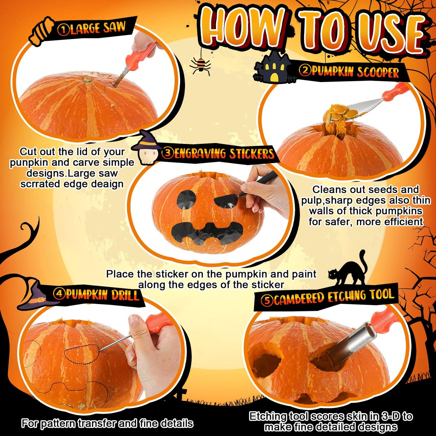 Tioncy 52 Pcs 6 Set Halloween Pumpkin Carving Kit Heavy Duty Stainless Steel Pumpkin Carving Tools with Storage Bag Tablecloth Stickers Tea Lights for Family Party Halloween Decor