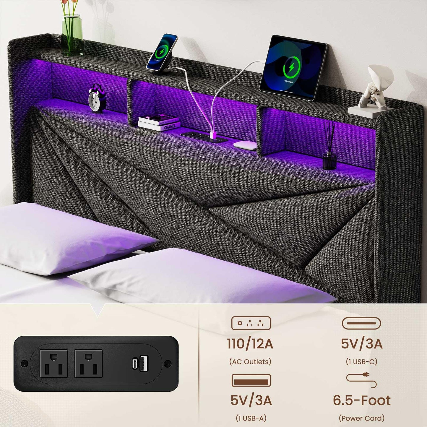 Driftalia LED Full Size Bed Frame with 2 Storage Drawers, Upholstered Full Bed Frame with Headboard and Charging Station, No Box Spring Needed, Easy to Assembly-Dark Grey