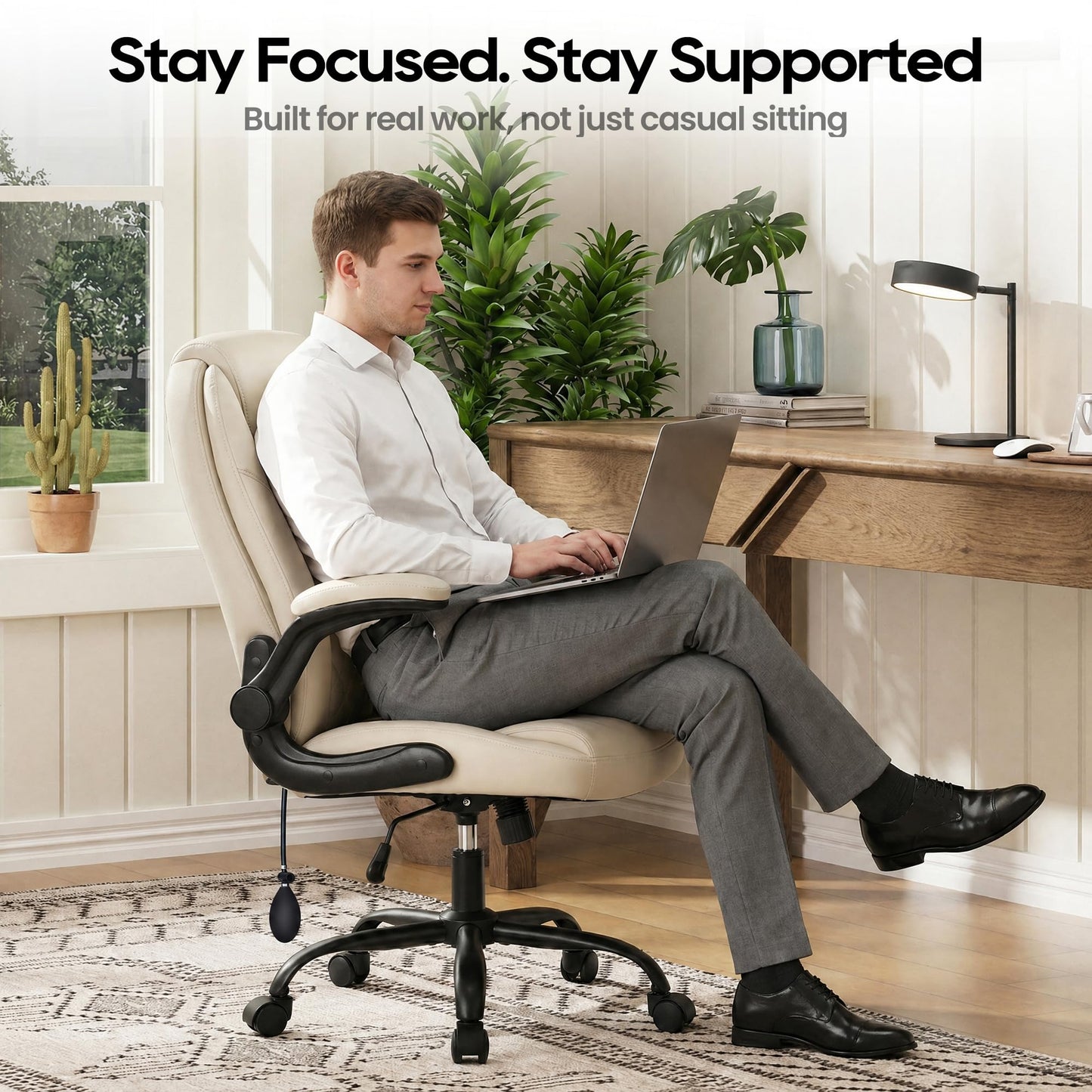 MALOL Leather Office Chair, Computer Desk Chair with Adjustable Lumbar Support, Thick Cushion, Flip-Up Arms and Ergonomic Back, Comfy Executive Office Chair for Home Office Gaming,Beige