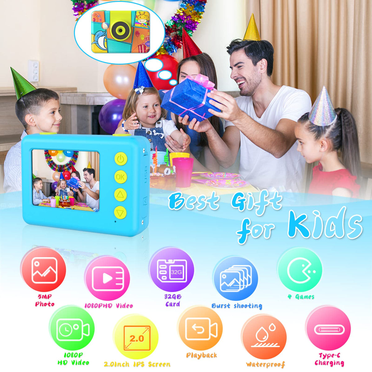 Kids Digital Camera Waterproof,CHAKEYAKE 1080P Video Kids Underwater Selfie Camera,Children Sports Camera for Birthday Gifts Toys for Boys Age 3-12