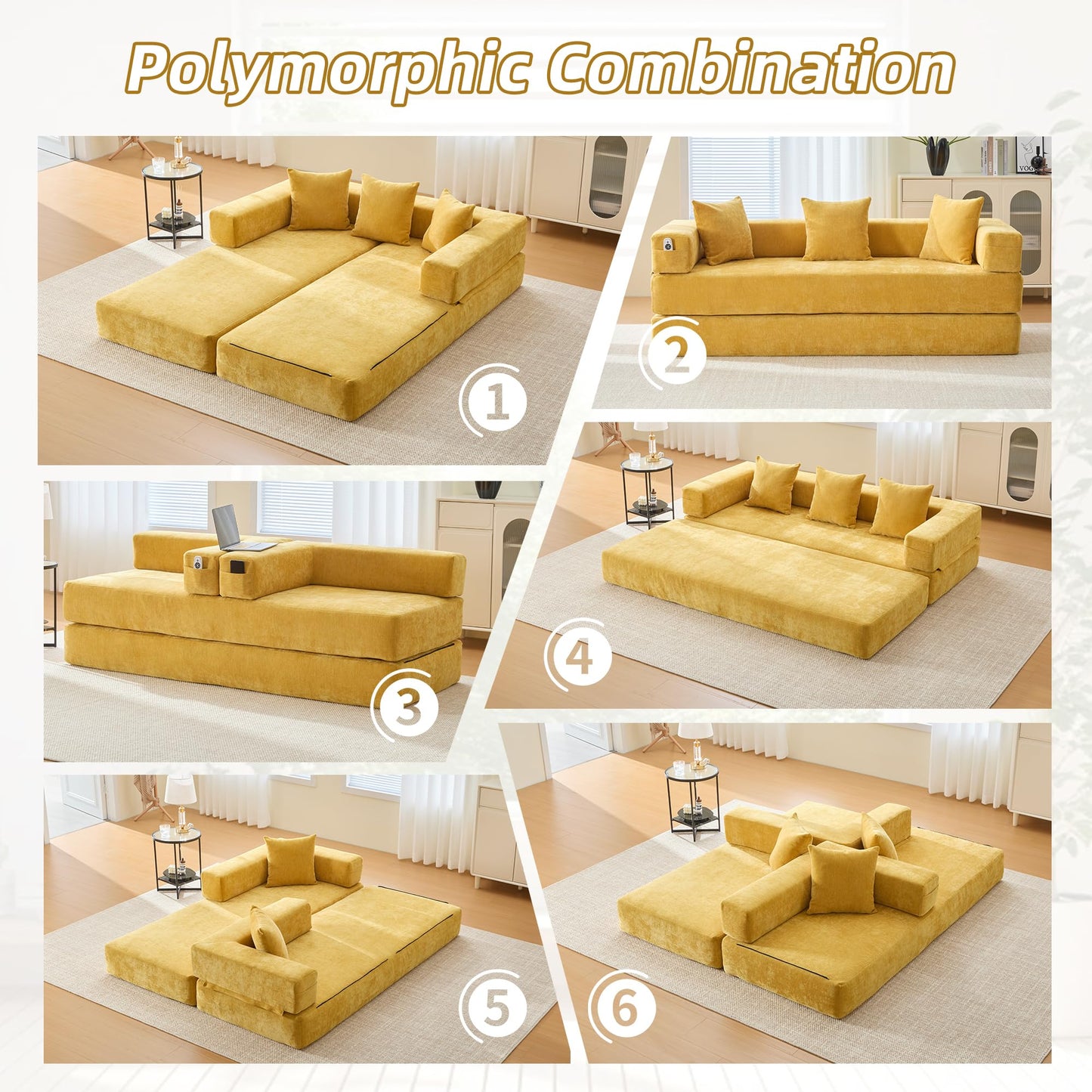 ZEIINPA Convertible Floor Sofa Bed with Storage Pocket, Chenille Folding Mattress Sofa with Zipper Closure, Floor Lounge Couch for Living Room, Bedroom, Studio -Yellow
