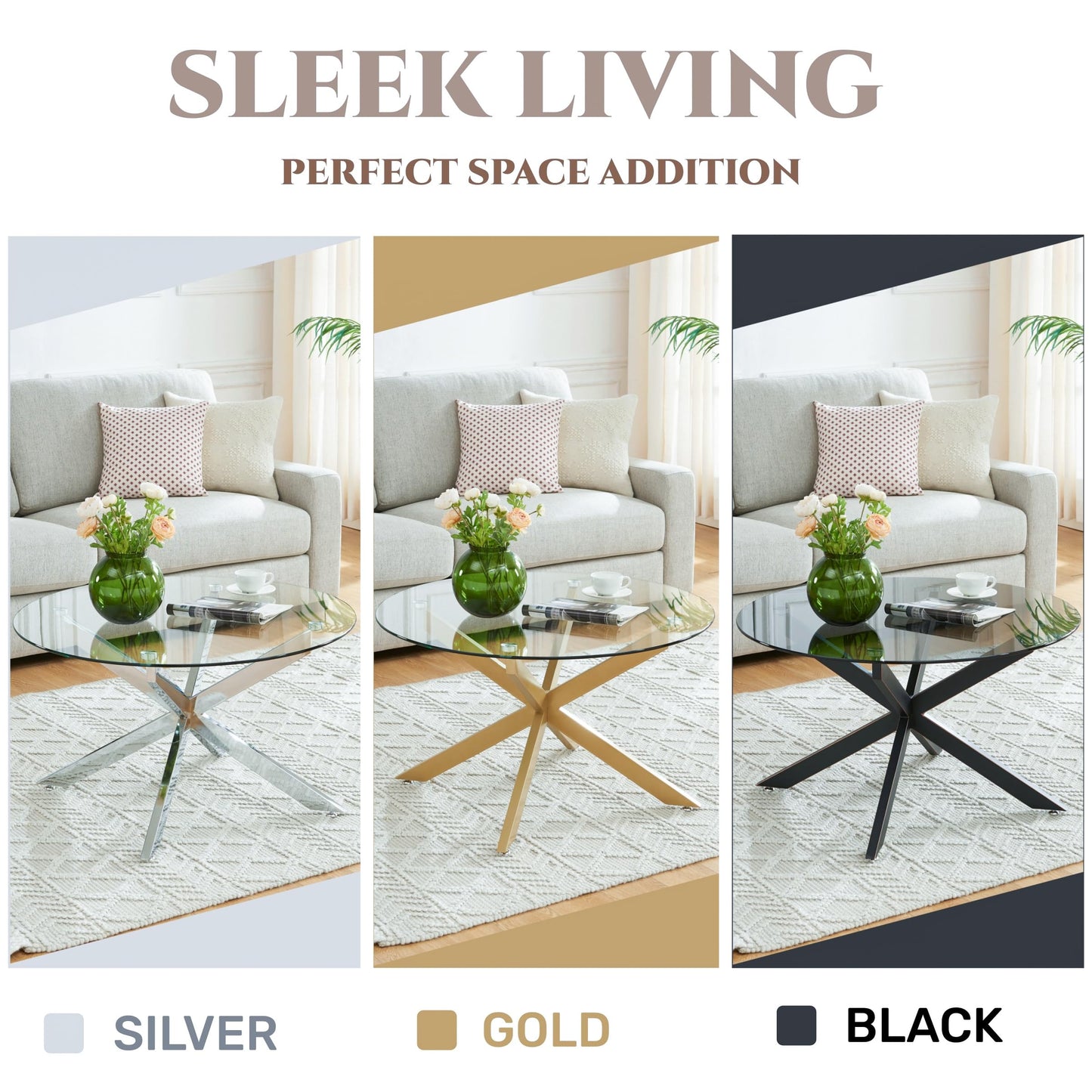 Gold & Round Glass Coffee Tables for Living Room, Home Office, Modern & Simple Center Table with Clear Tempered Glass Top, 35.5" Wx19.7 H
