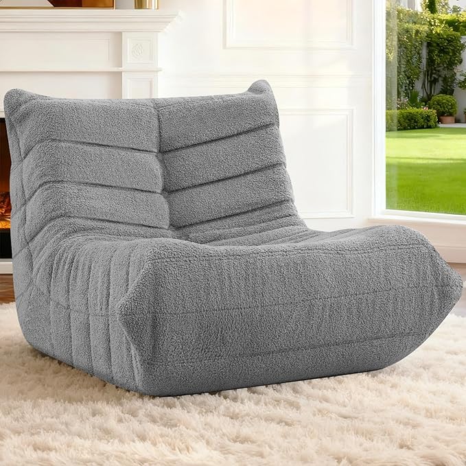 HABUTWAY Bean Bag Chairs Fireside Lazy Floor Sofa, Soft Teddy Fleece Bean Bag Sofa with High-Resilience Foam Filling，Beanbag for Living Room, Bedroom, Office(Light Gray Teddy)