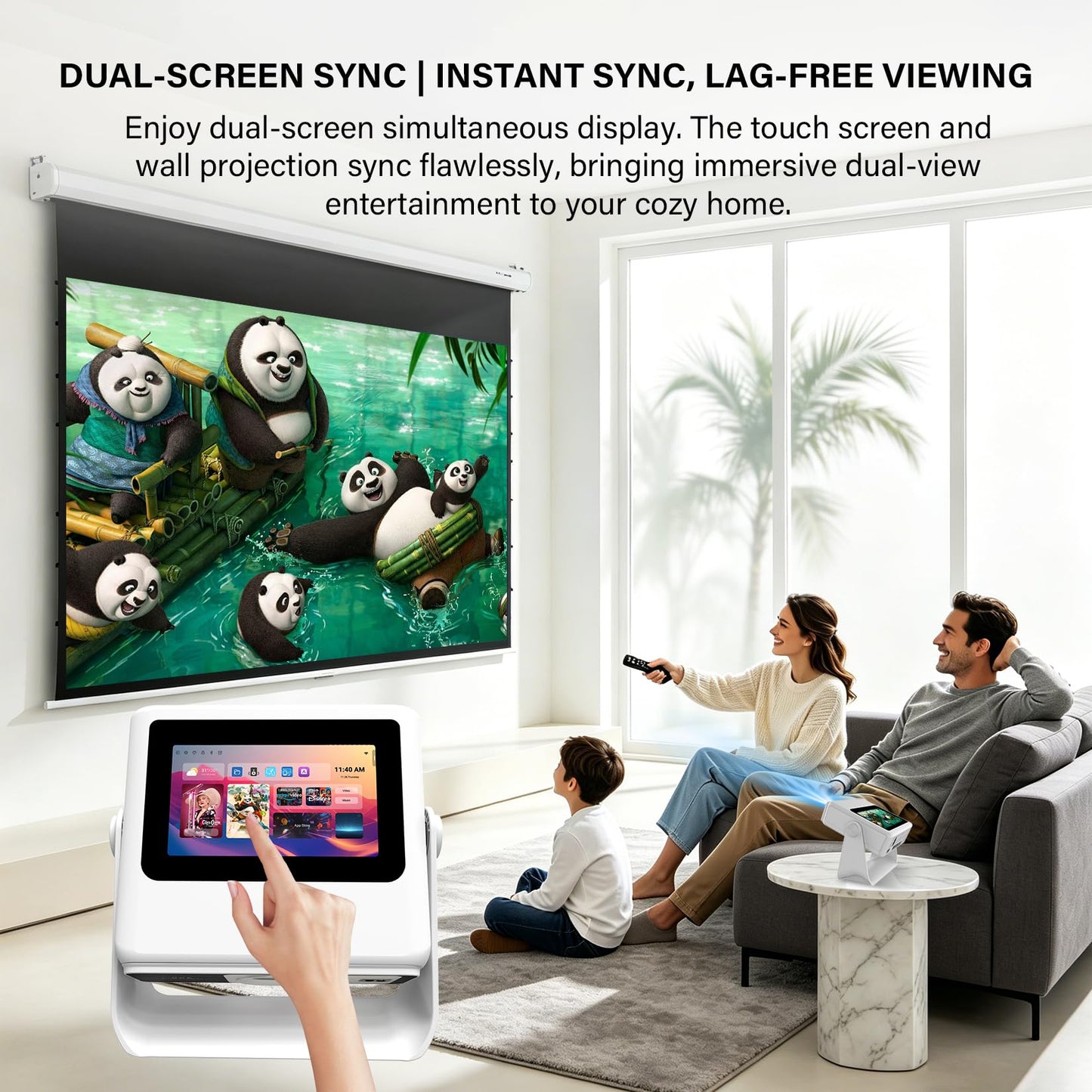 Smart Projector with WiFi and Bluetooth, 4K Supported Native 1080P Portable Outdoor Projector, Dual-Screen Sync Built-in Touchscreen Home Theater Gaming Projector for Bedroom Backyard Movie Night