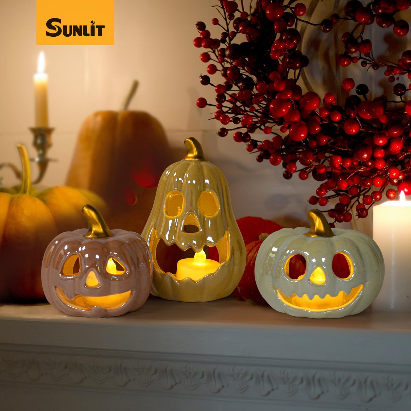 Sunlit Ceramic Pumpkin with 3 Tea Lights, Jack-O-Lantern Candle Holder Set of 3, Tabletop Indoor Halloween Decorations for Holiday Party Home, Pearl Finish