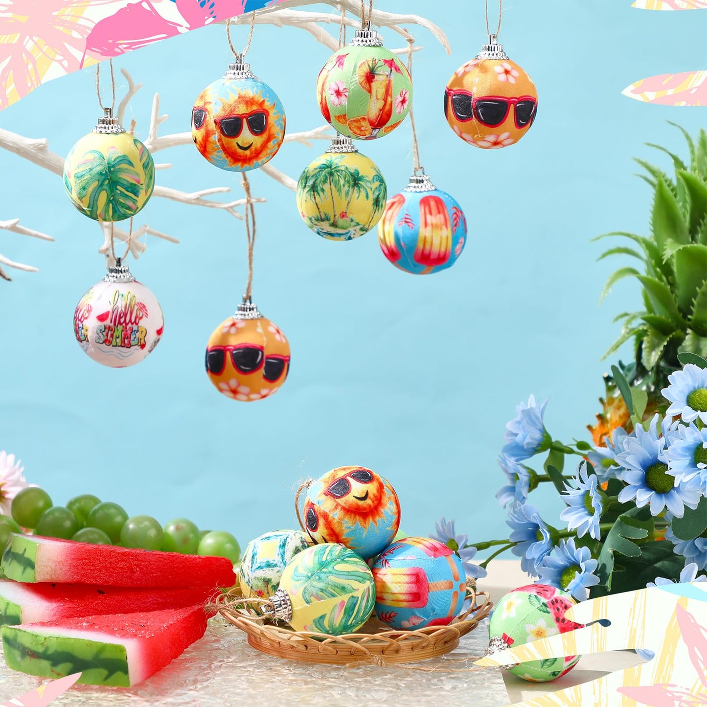 Outus 16 Pcs Summer Tree Ornaments Ball Hawaiian Style Ball Decoration for Tree for Summer Watermelon Tropical Leaf Coconut Palm Farmhouse Home Fireplace Holiday Party Favors Decor