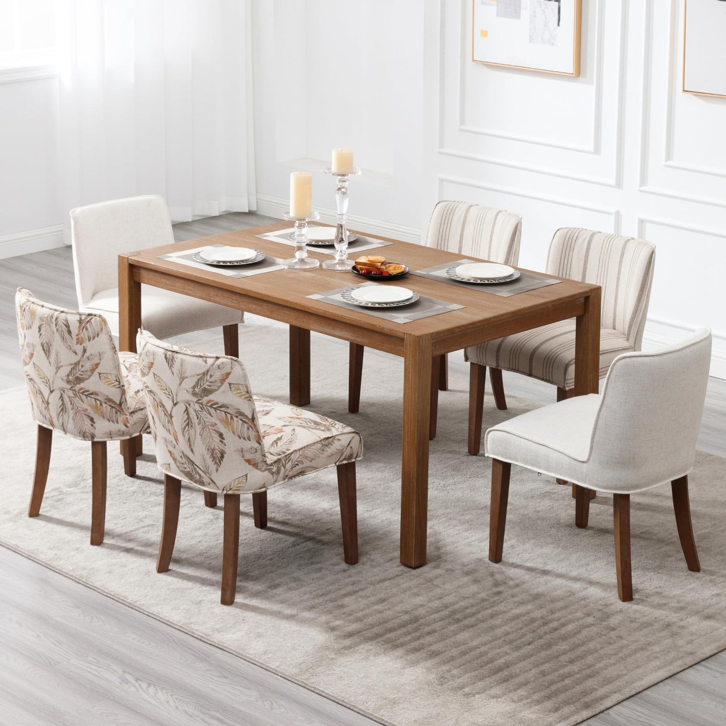 DM Furniture Rustic Dining Chairs Set of 2 Upholstered Kitchen Chairs Solid Wood Armless Dining Room Chairs for Home Kitchen/Restaurant, Khaki Stripe