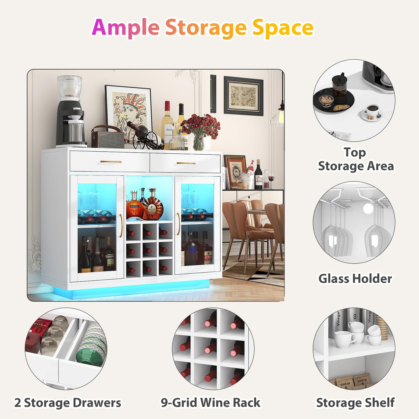 knoworld Wine Bar Cabinet with LED Lights, Liquor Cabinet with Wine and Glass Rack, Wine Cabinet Coffee Bar Cabinets, Kitchen Buffet Sideboard with Storage for Living Room, Dining Room