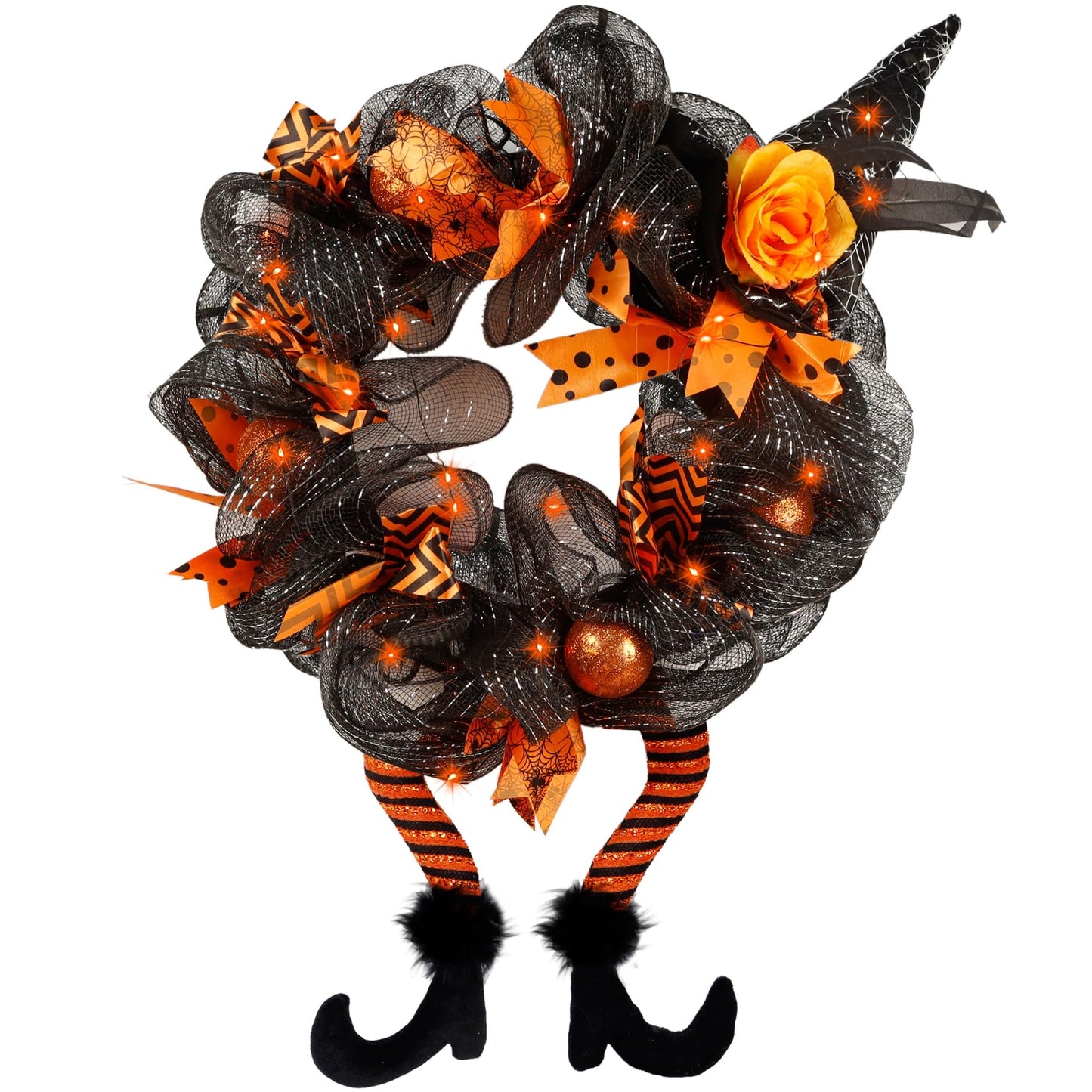 yosager Halloween Wreaths, Halloween Decorations Witch Hat and Legs Wreath, Lighted with 30 LED Orange Lights, Front Door Wall Light up Wreath Ornaments Holiday Party Thanksgiving Decor