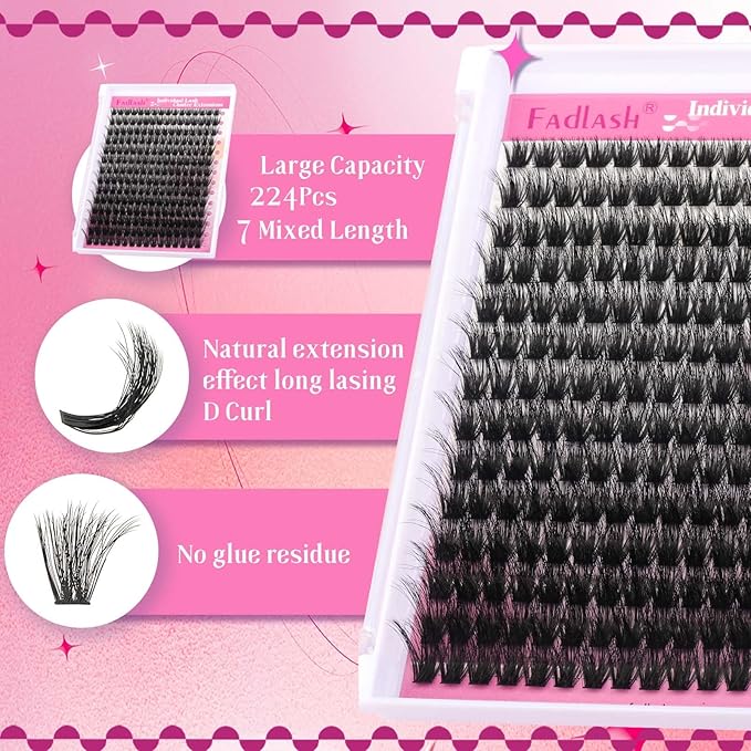 FADLASH Lash Extension Kit 100D Lash Clusters D Curl Lash Cluster Kit DIY Eyelash Extension Kit with Lash Bond and Seal Lash Applicator Tool 3D Effect fluffy Cluster Lashes(100D Kit, Mix 8-16mm)