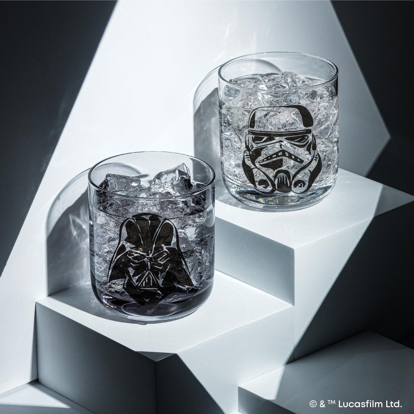 JoyJolt Star Wars Dark Side Monochrome Short Drinking Glasses, 10oz Glass Tumbler Cup Set ft Darth Vader and Stormtrooper, Star Wars Kitchen Glasses Set of 2, Star Wars Gifts for Men Women and Adults