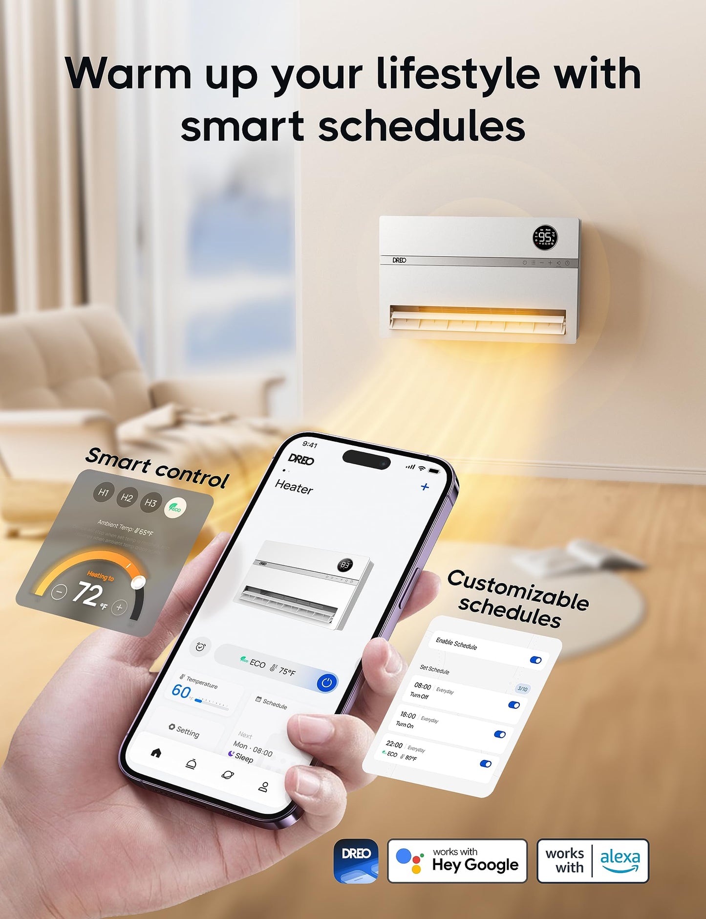 Dreo Smart Wall Heater, Electric Space Heater For Bedroom 1500W, 120 Vertical Oscillation, Adjustable Thermostat, Remote Control