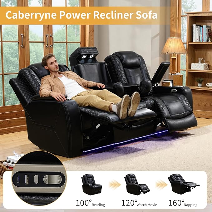 Caberryne Power Recliner Sofa Set with LED Lights,Leather Reclining Couch with Coffee Table/Storage Console/Cup Holder,Reclining Living Room Set with 5 Recliner Seats for House(3 Piece Set,Black)