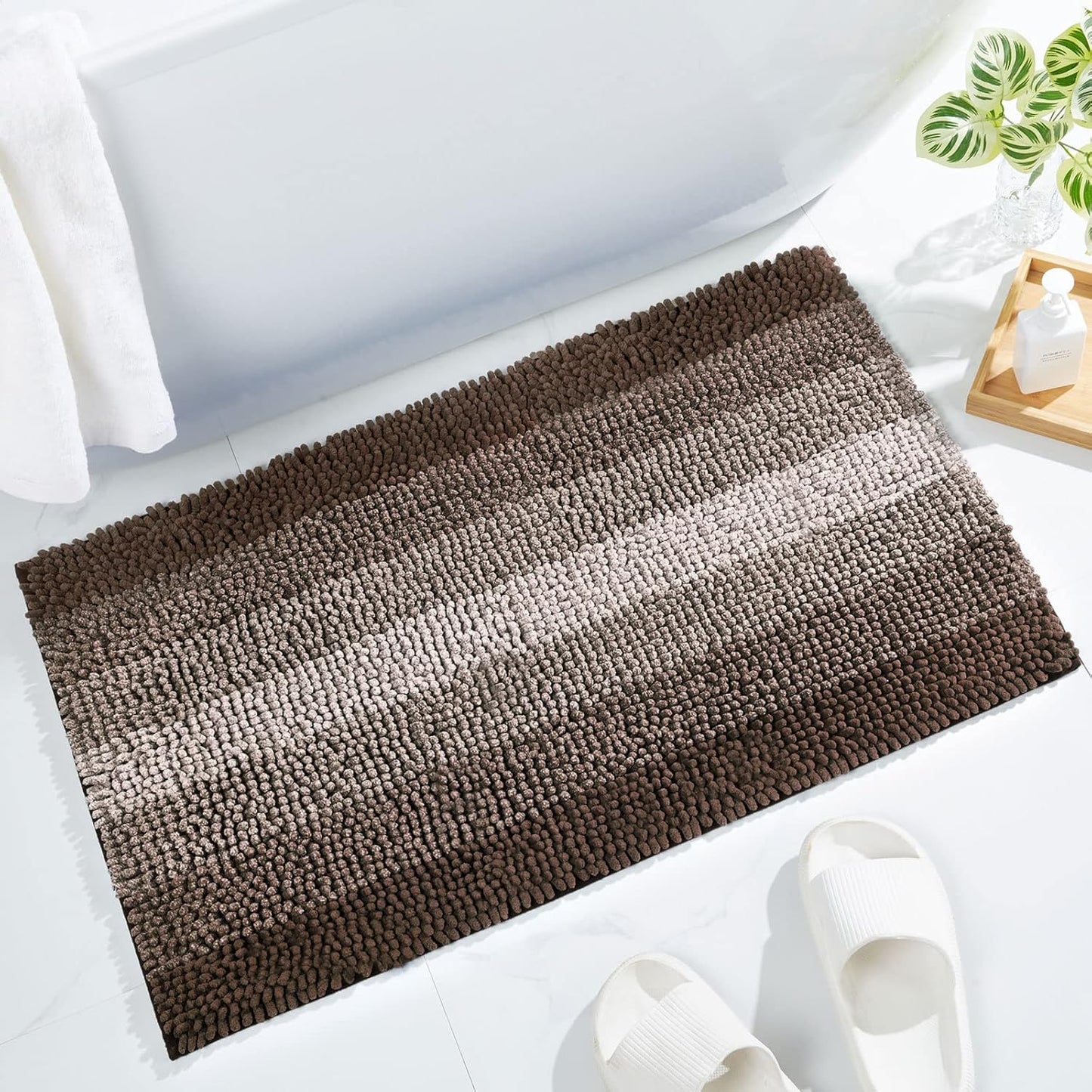 Gibelle Brown Bathroom Rug Set 2 Piece, Chenille Non Slip Bath Mat Set, Absorbent Shower Rug and Bath Room Floor Mats, Quick Dry Bathmat Bathroom Decor Accessories for Tub, 16" x 24"