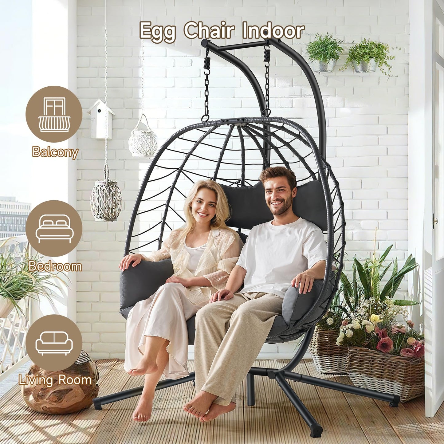 ONBRILL Double Egg Chair with Stand, Indoor Outdoor 2 Person Hammock Swing Chair with Cushions & Headrest, 650LBS Capacity Hanging Loveseat for Patio, Bedroom, Garden, Balcony (Black-Dark Gray)