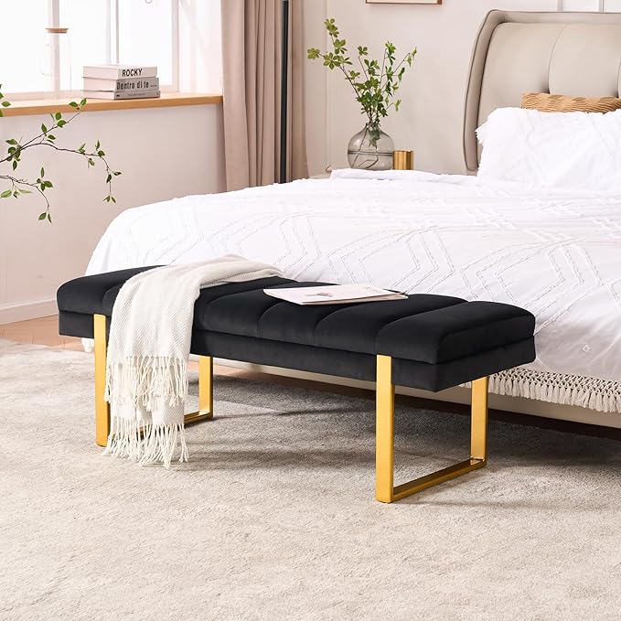 AIITTCC Velvet Ottoman Bedroom Bench, 46.5" Tufted Padded End of Bed Bench with Gold Legs, Upholstered Shoe Bench for Living Room Entryway Window (Black, 46" Wide)