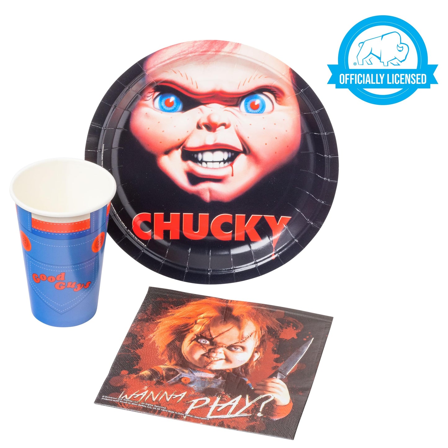Silver Buffalo Chucky's Face Party Supplies Set, Party Pack Paper Plates Cups Napkins, 60-Pieces