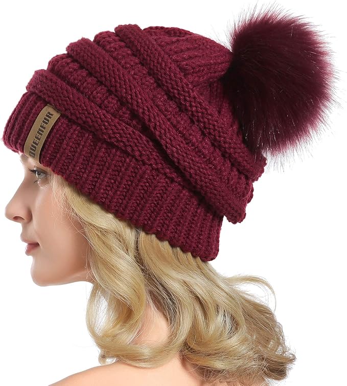 QUEENFUR Women Knit Slouchy Beanie Chunky Baggy Hat with Faux Fur Pompom Winter Soft Warm Ski Cap