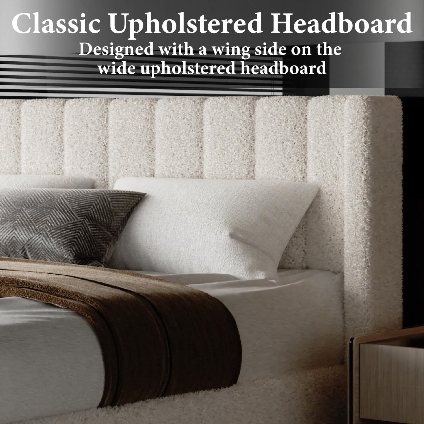 Full Bed Frame with Headboard Upholstered Platform Bed Frame with Teddy Velvet Headboard, Wooden Slats Support/Wing Edge Design/No Box Spring Needed/Easy Assembly, Beige Full