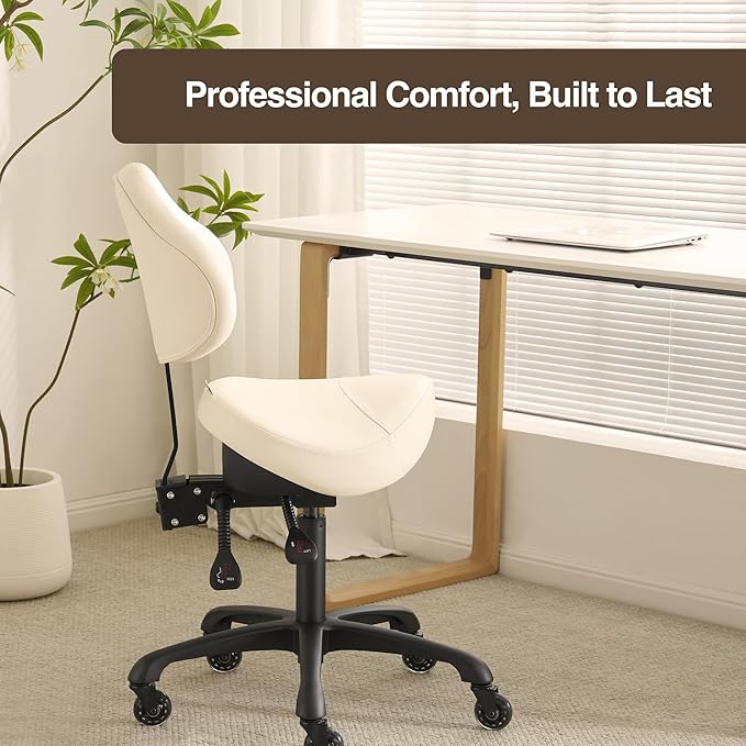 Pneumatic Swivel Rolling Saddle Chair with Wheels and Ergonomic Back Support for Hair Stylist, Dental Hygienist, Hygienic Clinic, Spa, Massage, Home, Office - 510 KOA (Vanilla, Standard)