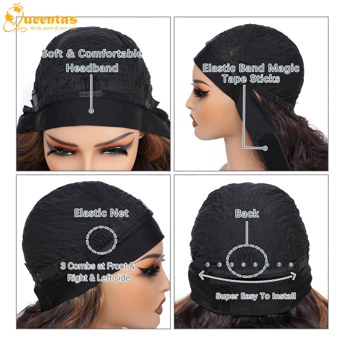 QUEENTAS 27 Long Wavy Headband Wigs for Women Black Mixed Dark Brown with Blonde Highlight Curly Headband Wig Easy Wear Syntheti