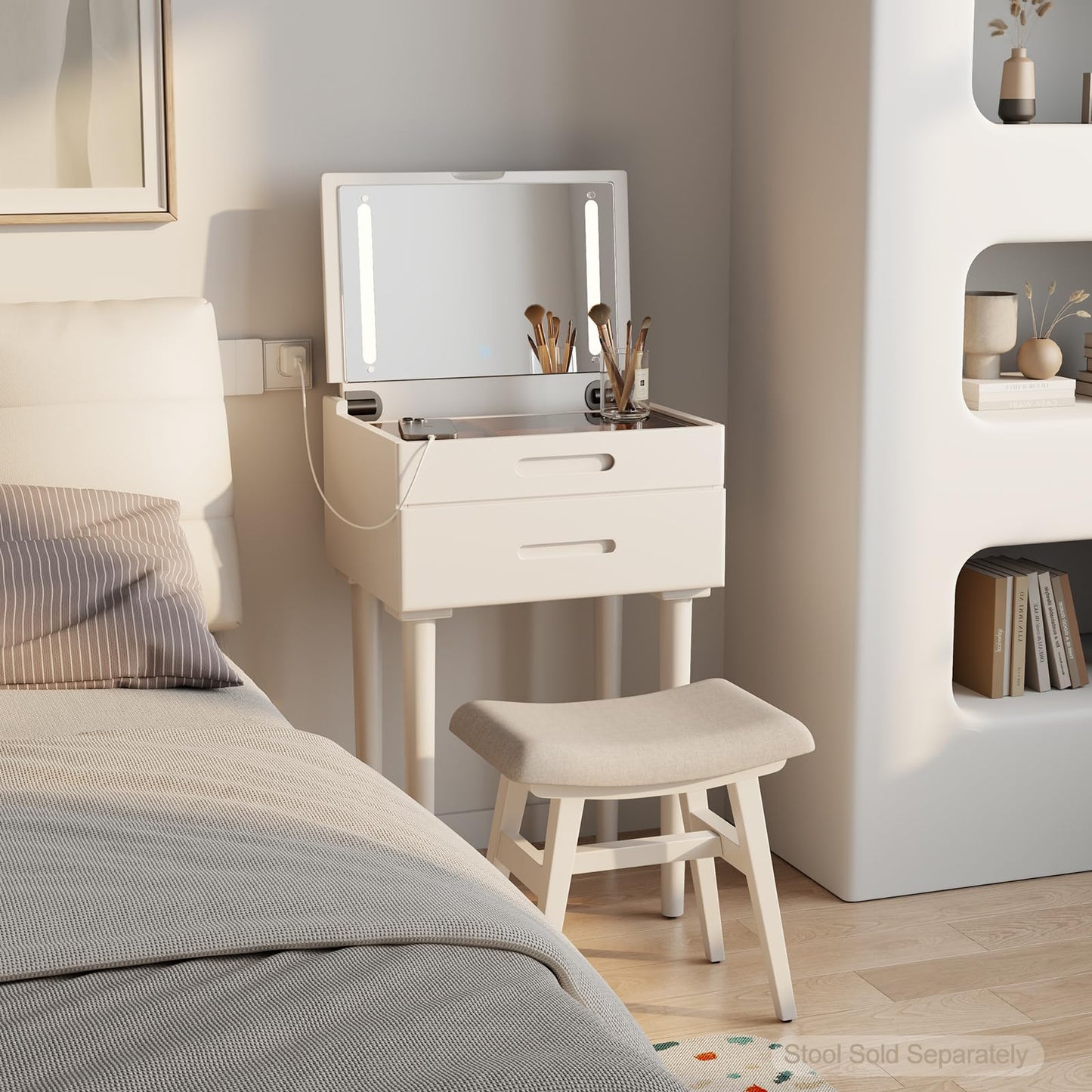 Muwuele Solid Wood Small Vanity Desk with Flip Top Mirror, Brightness Adjustable Lights, Compact Vanity with Glass Top and Drawers, Slim Dressing Table for Small Space, Bedroom, Living Room, White