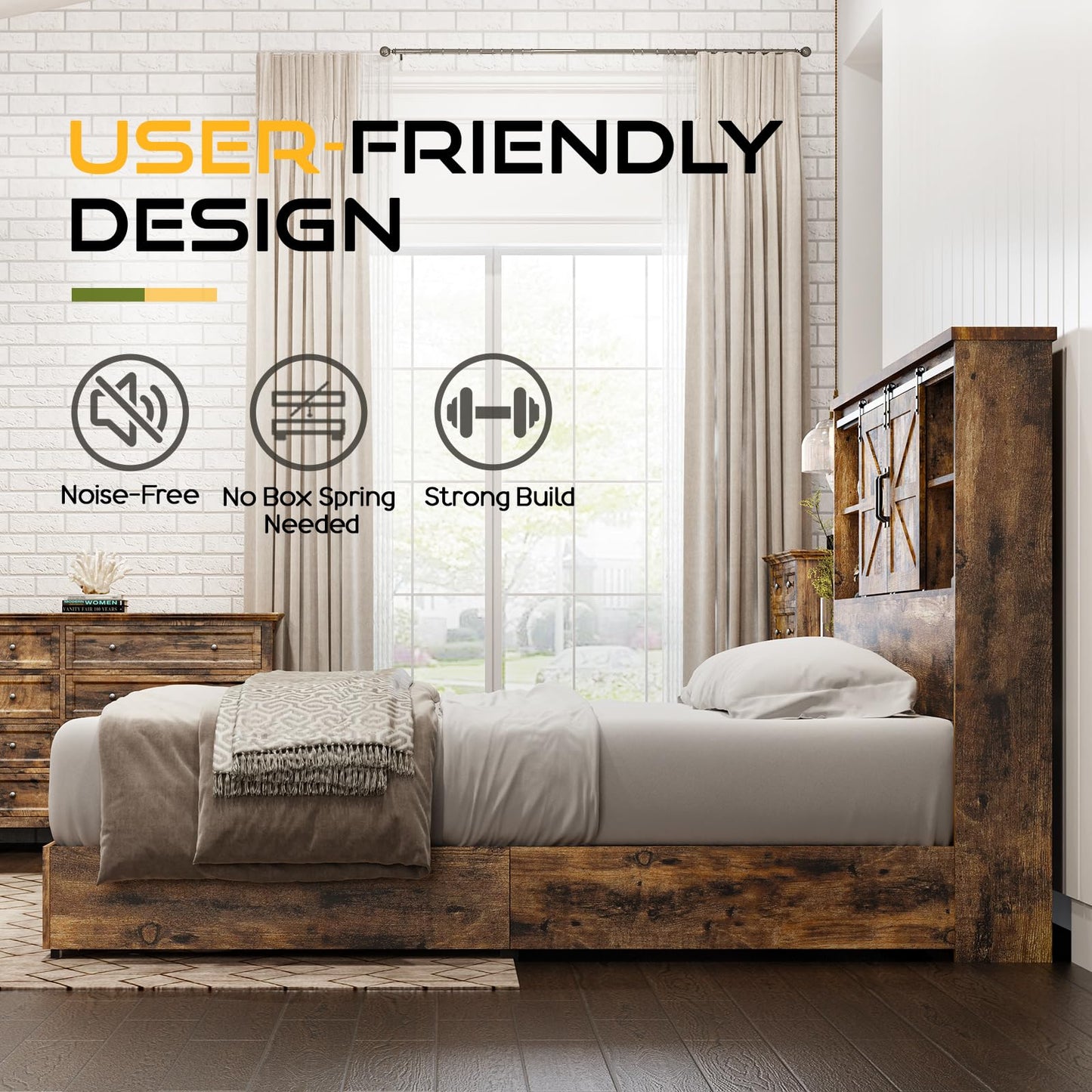 HOWE Full Size Wood Platform Bed Frame with 51.2" Bookcase Headboard, Storage Bed with Sliding Barn Door Charging Station 2 Drawers, No Box Spring Needed/Noise Free/Farmhouse/Rustic Brown