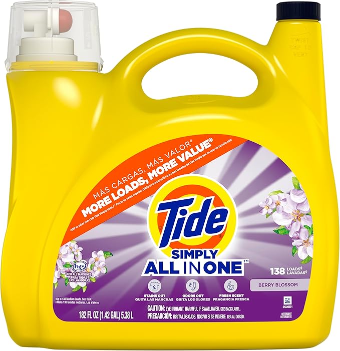 Tide Simply All-In-One Liquid Laundry Detergent, Berry Blossom Scent, 138 Loads, 182 fl oz (Pack of 4)