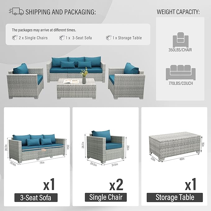 WAROOM Patio Furniture Set 4 Piece Wicker Conversation Sets PE Rattan Chair Outdoor Couch Sectional Sofa with Storage Table, Peacock Blue Cushion