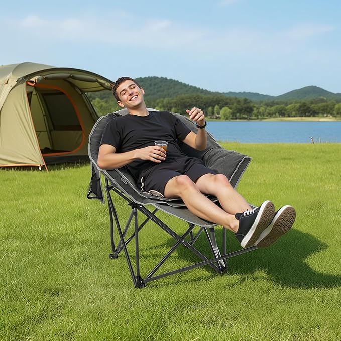 OUTDOOR LIVING SUNTIME Oversized Padded Comfy Camping Chair with Removable Footrest，Weight Capacity 400 LBS, Heavy Duty Moon Round Leisure Folding Chair for Camping, Hiking, Carry Bag, Gray
