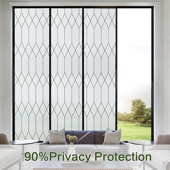 Windimiley Window Privacy Film Stained Glass Static Clings, Bathroom Frosted Leaded Decorative Window Stickers, UV Heat Blocking Opaque Removable for Home Door Coverings (35.4 x 78.7 in,Pure)