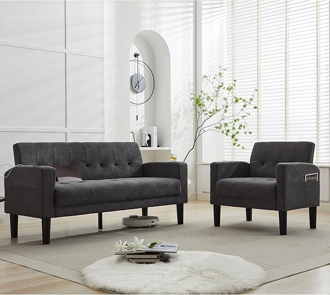TYBOATLE Sofa Couch, Living Room Furniture Sectional Sofa Sets 2 Pcs, Tufted Mid-Century Loveseat w/USB, Cupholders & Comfy Single Sofa for Small Space, Apartment, Office (Dark Grey)