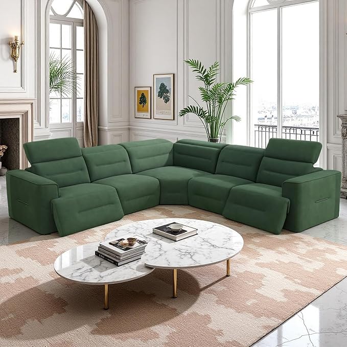 Power Recliner Sectional Sofa Set with USB Ports, Flannel Recliner Sofa Set with Adjustable Headrest, Reclining Sectional Couches, L-Shaped Living Room Furniture Set (Green, 5-Seater)