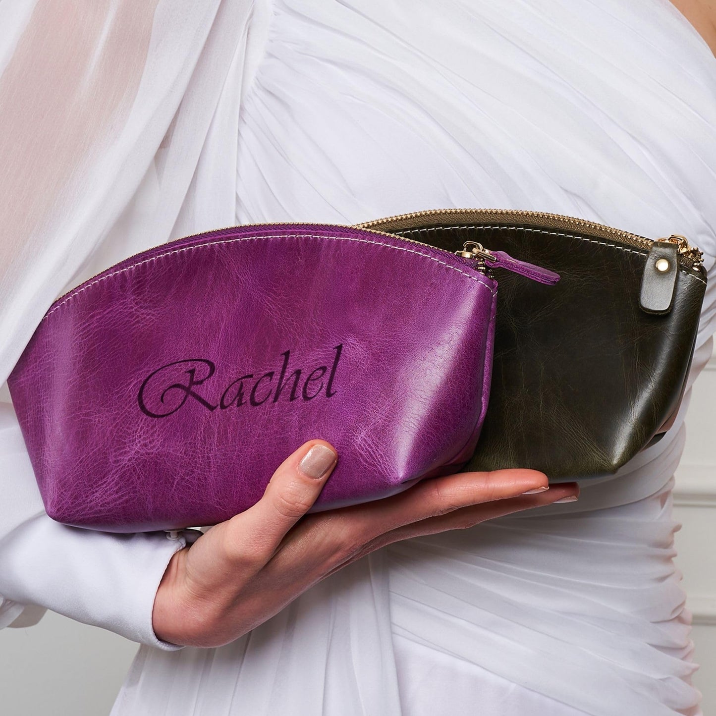 Luxury Personalized Leather Makeup Bags Crafted in USA, Full-Grain Leather Cosmetic Bag Engraved Name Initials or Logo, Birthday Anniversary Christmas Gift or Mother Gift, Italian Zipper, Make-up Purse for Women