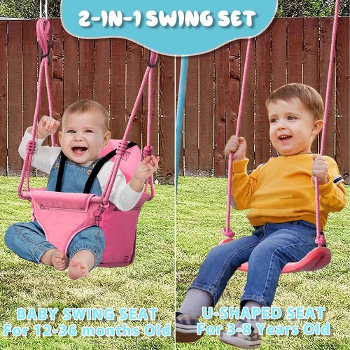 JYGOPLA 2-in-1 Toddler Swing Set with Metal Stand, Safety Belt & 4 Anchors - A-Frame Swing for Kids 6 Months+ (Pink, Indoor/Outdoor Backyard Playground)