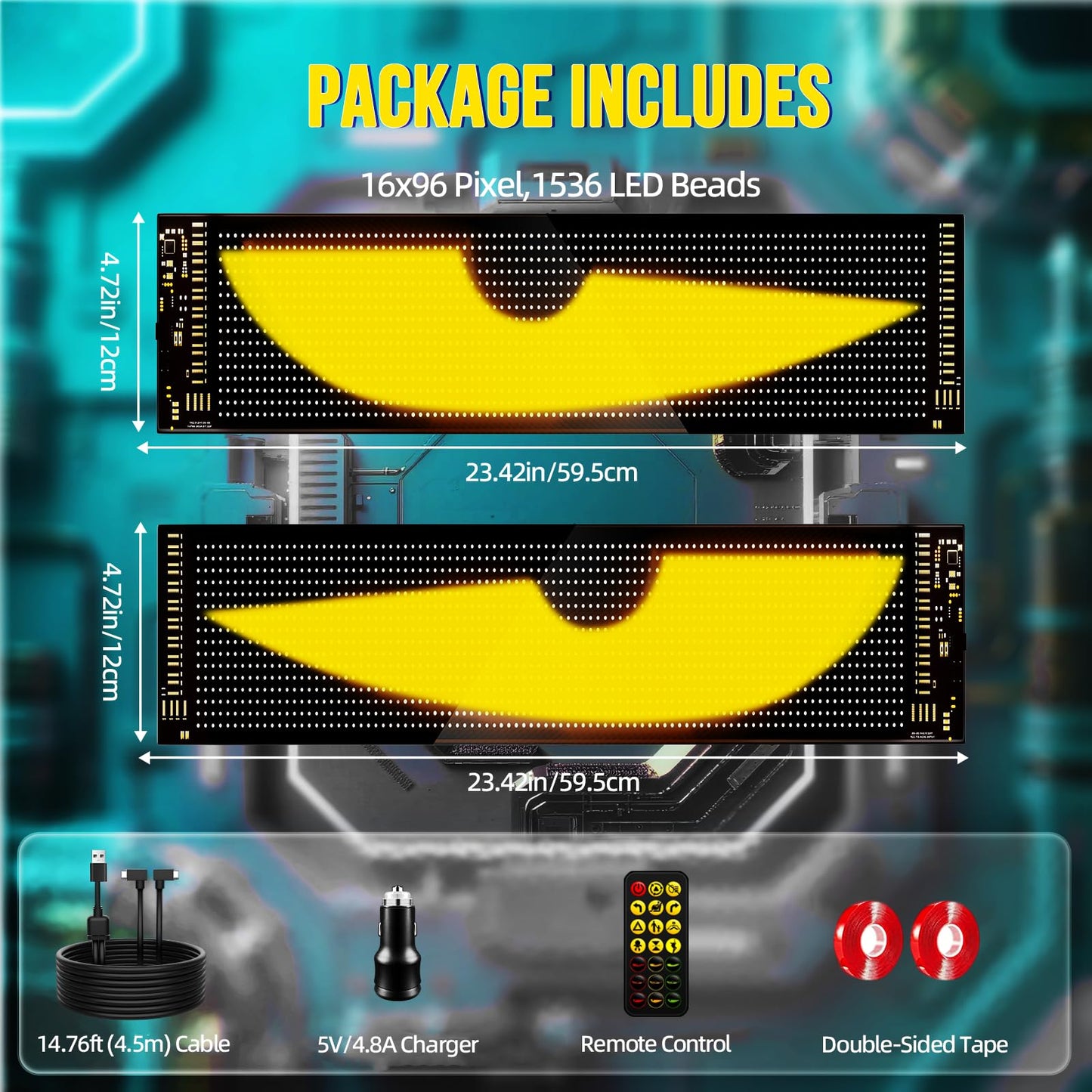 Devil Eyes Light 2PC for Windshield-23.42x4.72IN HCYHNB Programmable LED Eyes [Advanced Chip, 100% Synced Dual Screen] 5V USB Powered, App/Remote Control, Windshield Eyes Animated for Cars/Trucks/SUVs
