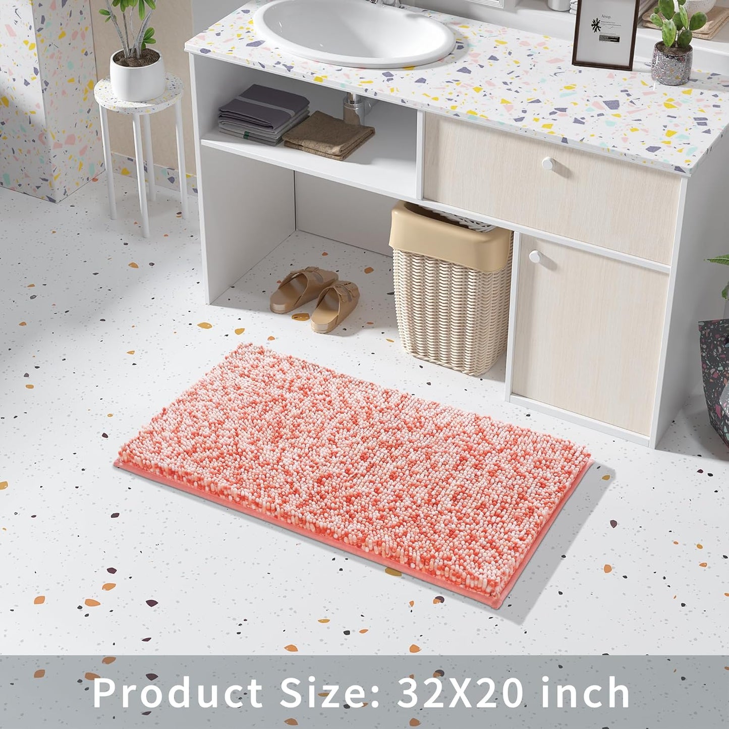Yimobra Chenille Bathroom Rugs, 31.5x20, Extra Soft Bath Mats for Bathroom Non Slip, Fluffy Plush Luxury Shower Mat Outside, Water Absorbent, Machine Washable, Sink and Tub, Orange & Pink
