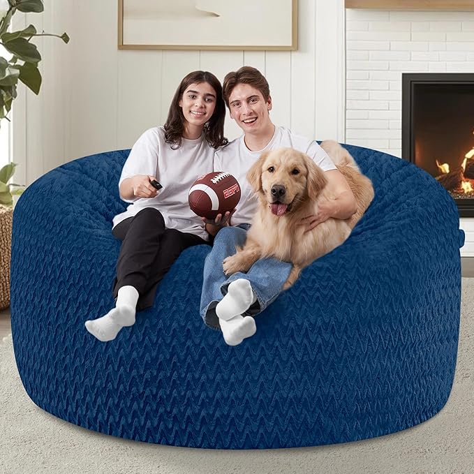 5FT Bean Bag Chair,Giant Bean Bag Chairs for Adults,Big Bean Bags with Memory Foam Filled, Large Beanbag Chairs with Chevron Plush Cover-Blue