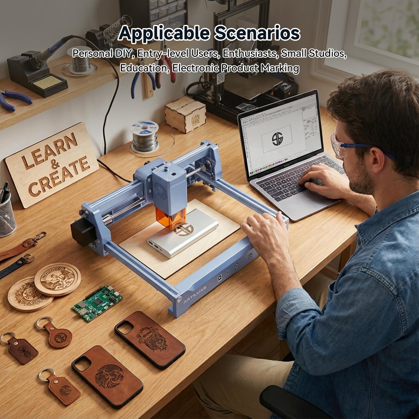 Artilume U1 Laser Engraver 3000mW, Laser Engraving Machine, WiFi, 0.01mm Precision, Large Working Area 150 * 200mm for Wood Leather Acrylic and More, Best for Beginners Small Business