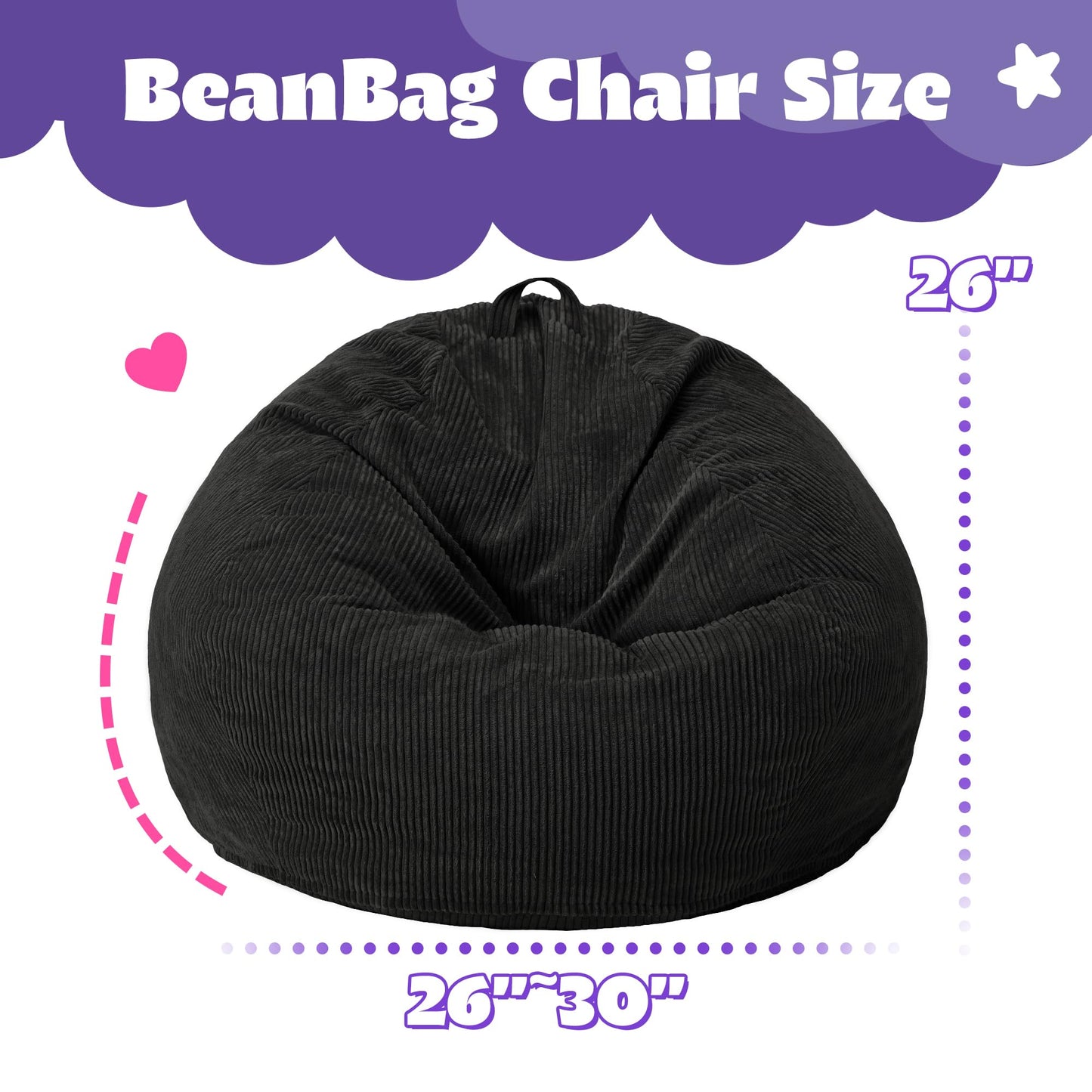 HABUTWAY 2 FT Bean Bag Chair,Giant Bean Bag Chairs,Big Bean Bags with Memory Foam Filled, Large Beanbag Chairs with Soft Corduroy Cover-Black