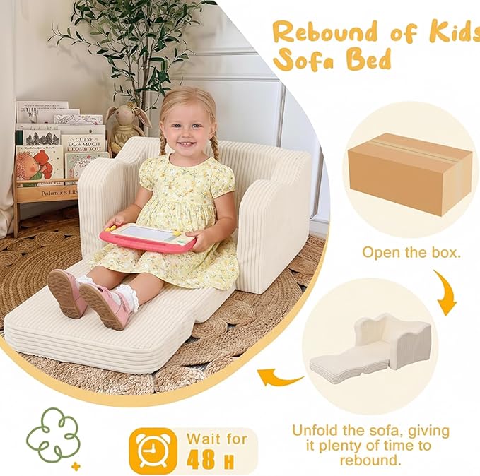 MeMoreCool Toddler Chair 2‑in‑1 Foldable Kids Couch Bed, Beige (Ages 1‑3) – Corduroy Lounge Chair That Pulls Out into Sofa‑Bed | High‑Density Foam, Machine‑Washable Cover for Little Ones