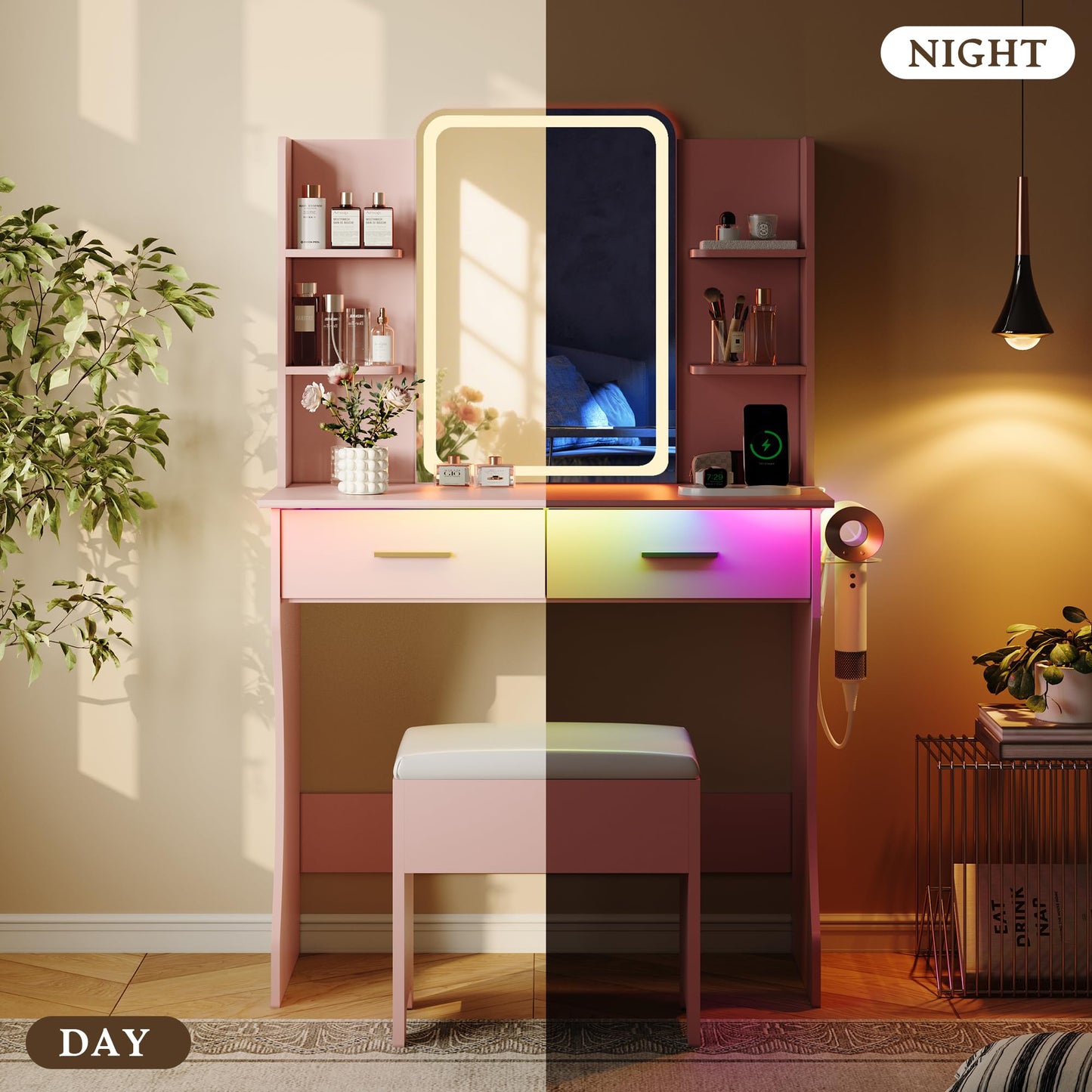 Pink Makeup Vanity Desk with Mirror and Lights, Small Vanity Table Set with Power Outlet, Dressing Table with 2 Drawer & 4 Storage Shelves, Adjustable RGB Lighting, Includes Chair for Girl’s Bedroom