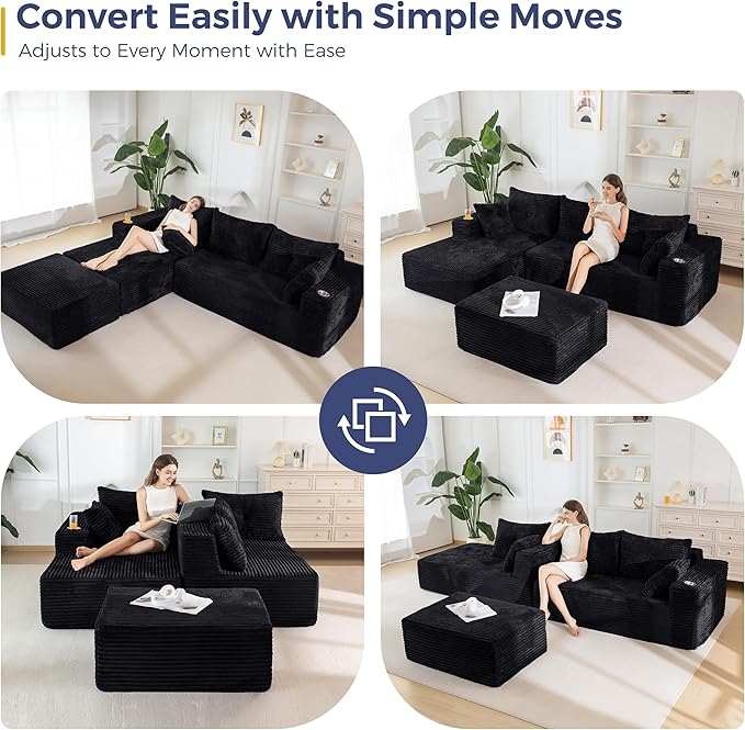 MAXYOYO 104" U-Shaped Modular Sectional Couch, Modern Boneless Couch for Living Room, Sofa in A Box, Oversized Sofa Sleeper with Deep Seat, No Assembly Required, Black