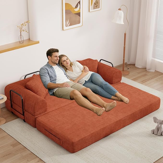 77" Convertible Sofa Bed, Modular Folding Futon Corduroy Floor Foam Compressed Loveseat Sleeper Sofa Couch, Pull Out Queen Size Couch Bed with 2 Pillows for Living Room Guest Room Studio, Orange