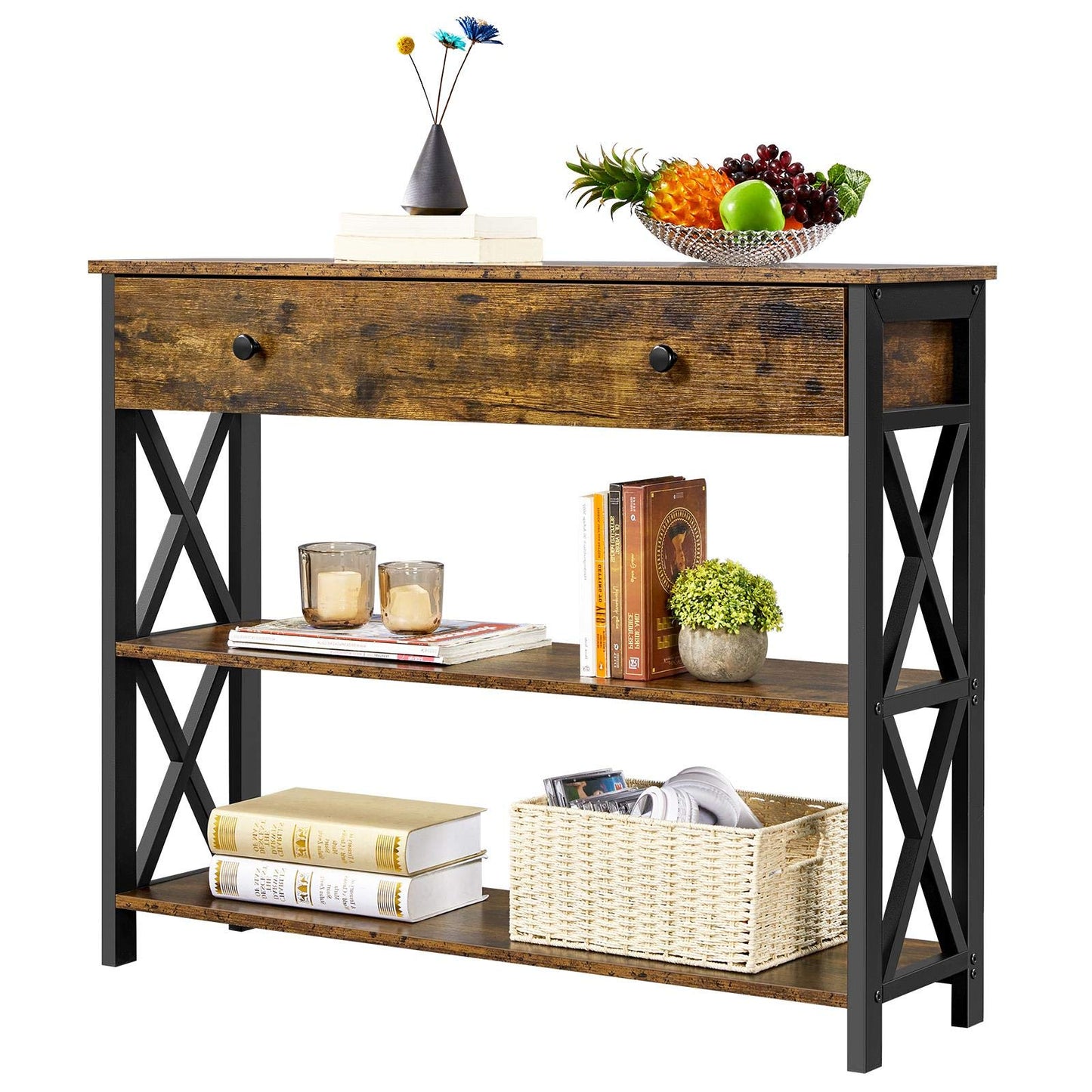 Yaheetech Console Table with Drawer, Entryway Table with 3 Tier Storage Shelves, Narrow Long Sofa Tables for Entryway, Living Room, Hallway, Couch, Kitchen, Metal Frame, Rustic Brown