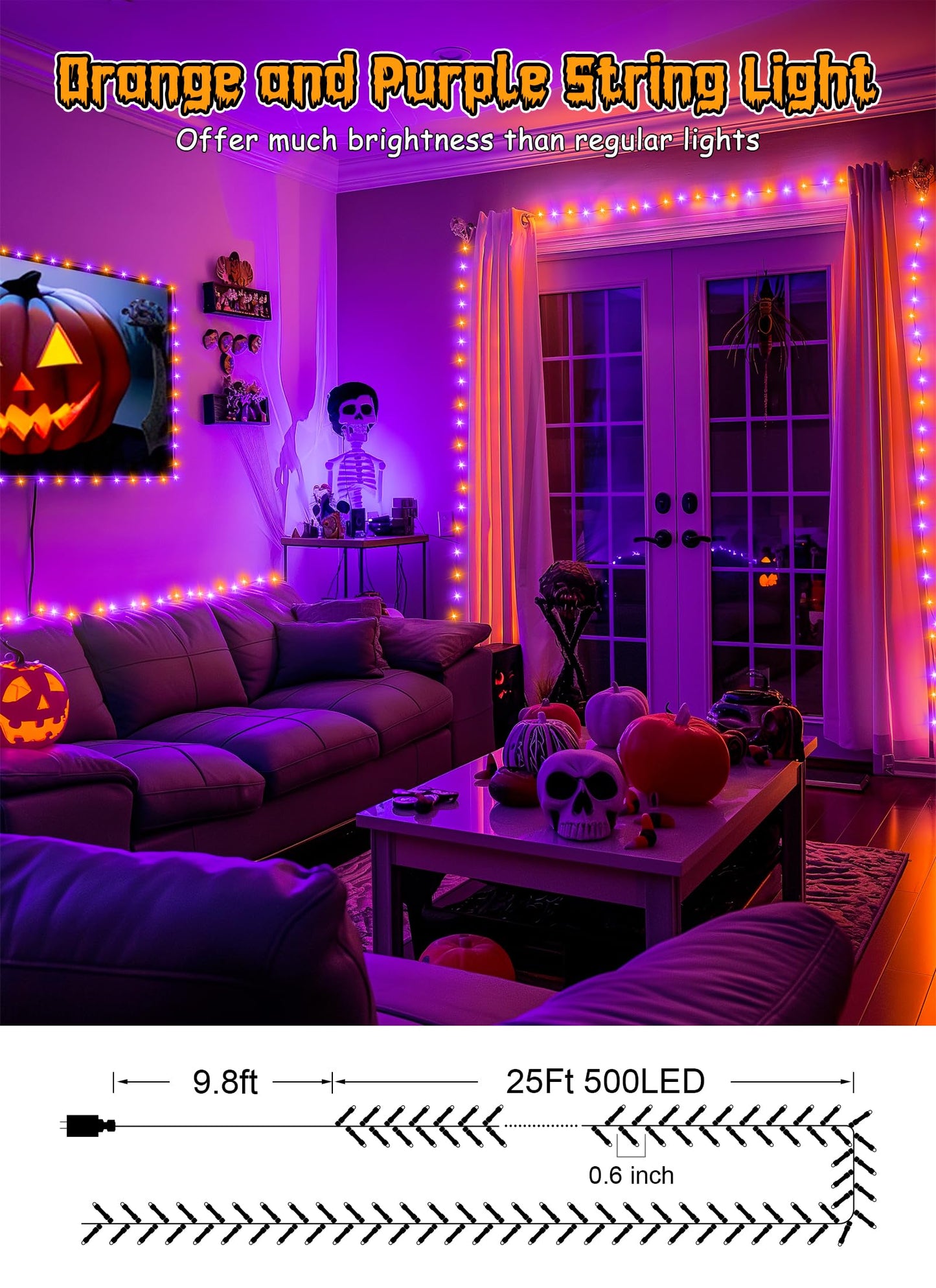 Halloween String Lights Outdoor Cluster Lights - 500 LED 25 Ft Orange Purple Twinkle Lights 8 Modes Timer Remote, Waterproof Plug in Halloween Fairy Lights for Indoor Outdoor Halloween Decorations