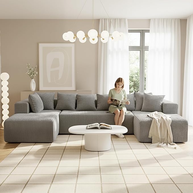 SEENYOO 130" Boneless Couch, Cloud Couch Sectional, Corduroy Sofa for Living Room, U Shaped Modular Sofa with Chaise, No Assembly, 4 Seats Oversized (Grey)