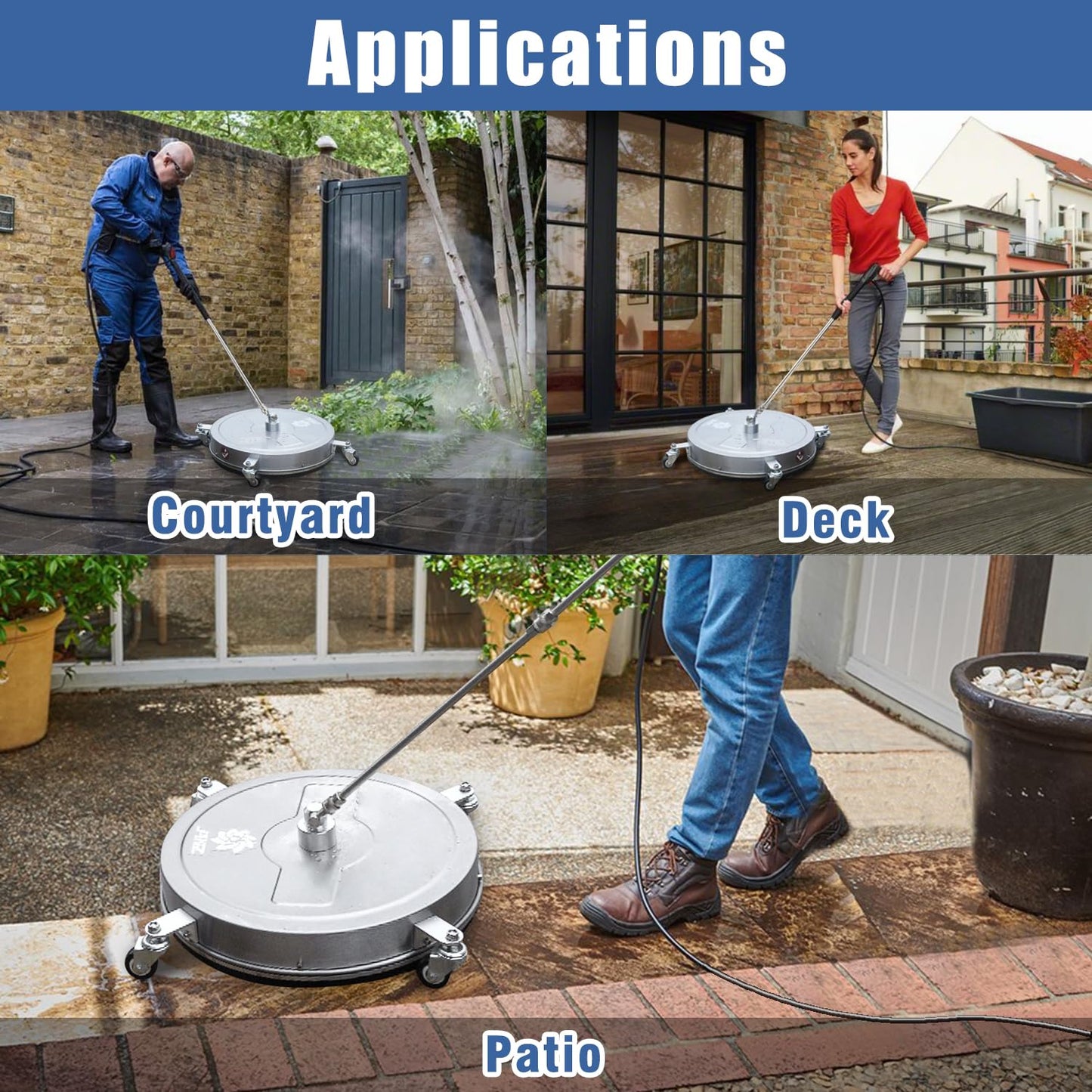 JANZ 20'' Pressure Washer Surface Cleaner with 4 Wheels, Stainless Steel Housing, 1/4" Quick Plug, 2 Extension Wands, 2 Replacement Nozzles and 3 Spray Nozzles, 4000 PSI