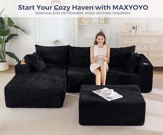 MAXYOYO 104" U-Shaped Modular Sectional Couch, Modern Boneless Couch for Living Room, Sofa in A Box, Oversized Sofa Sleeper with Deep Seat, No Assembly Required, Black